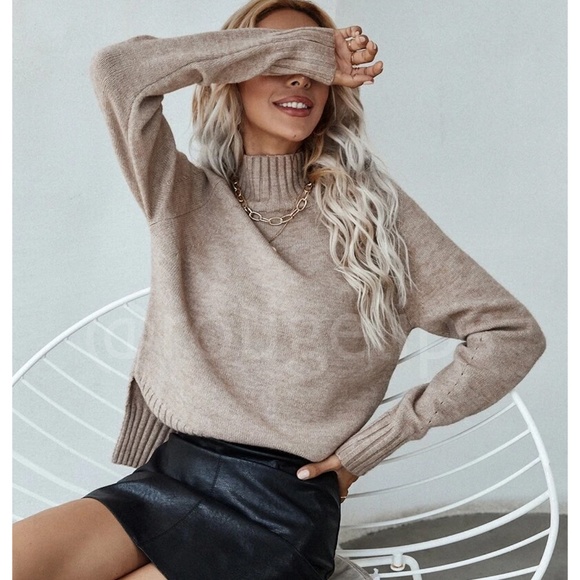 Rouge! Sweaters - Beige Knit Turtleneck Pullover Sweater Long Sleeve Side Slits
